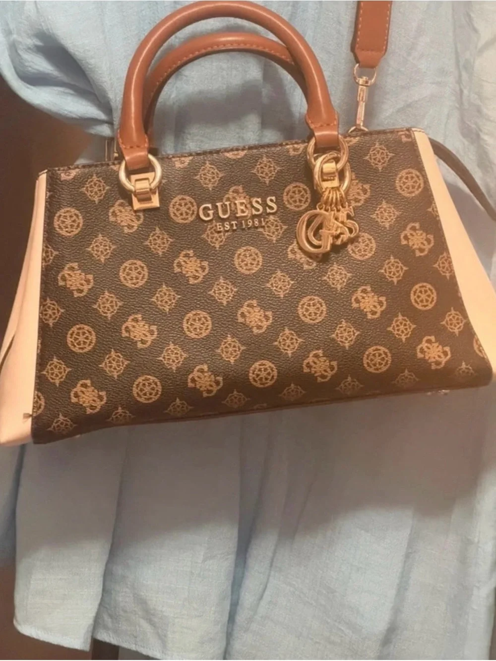 GUESS Brown Logo Monogram Satchel with Cream Panels